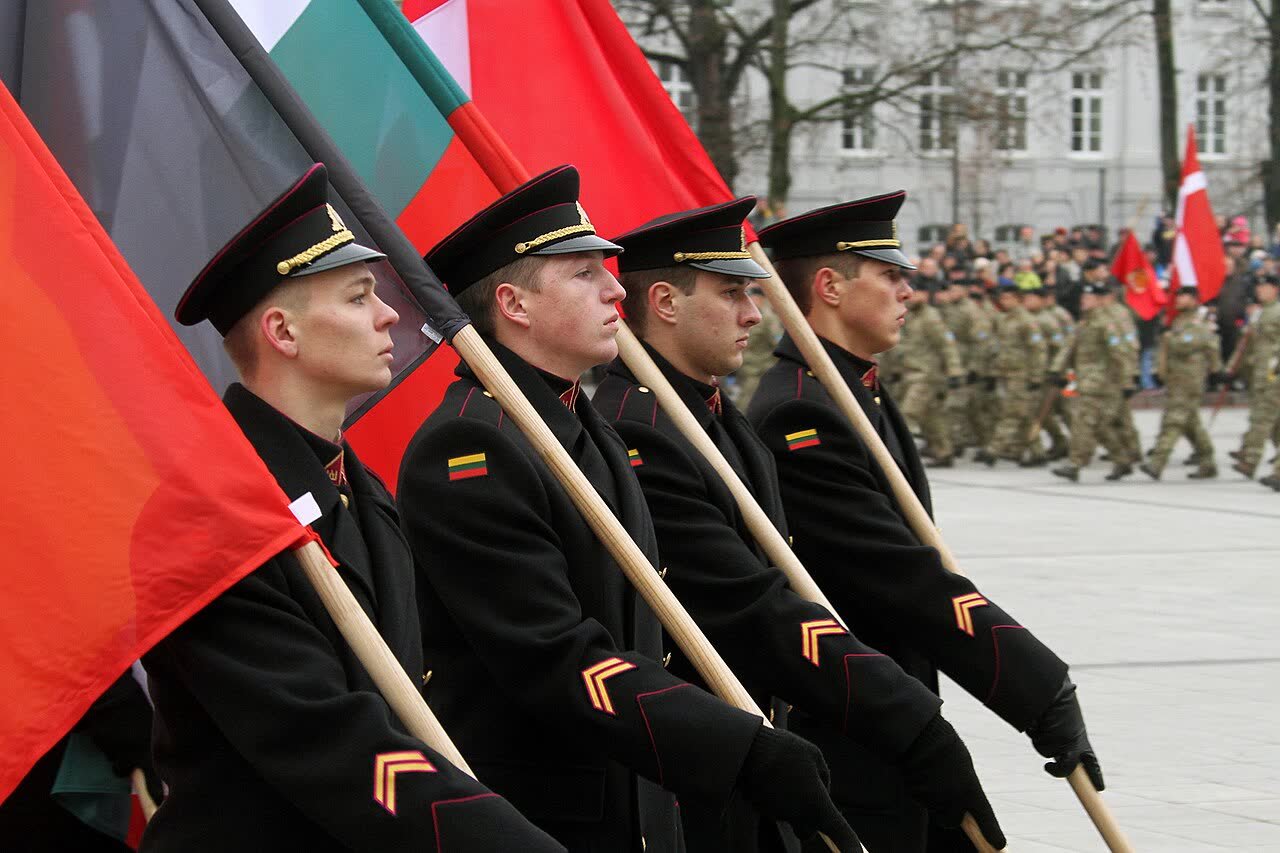 Poczet sztandarowy niesie flagi państw członkowskich NATO podczas uroczystej defilady.